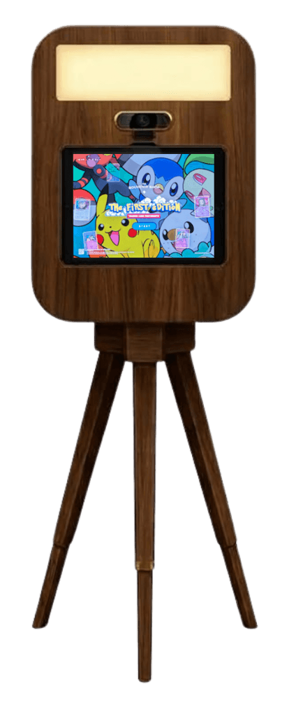 The First Edition trading card photobooth on its wooden tripod