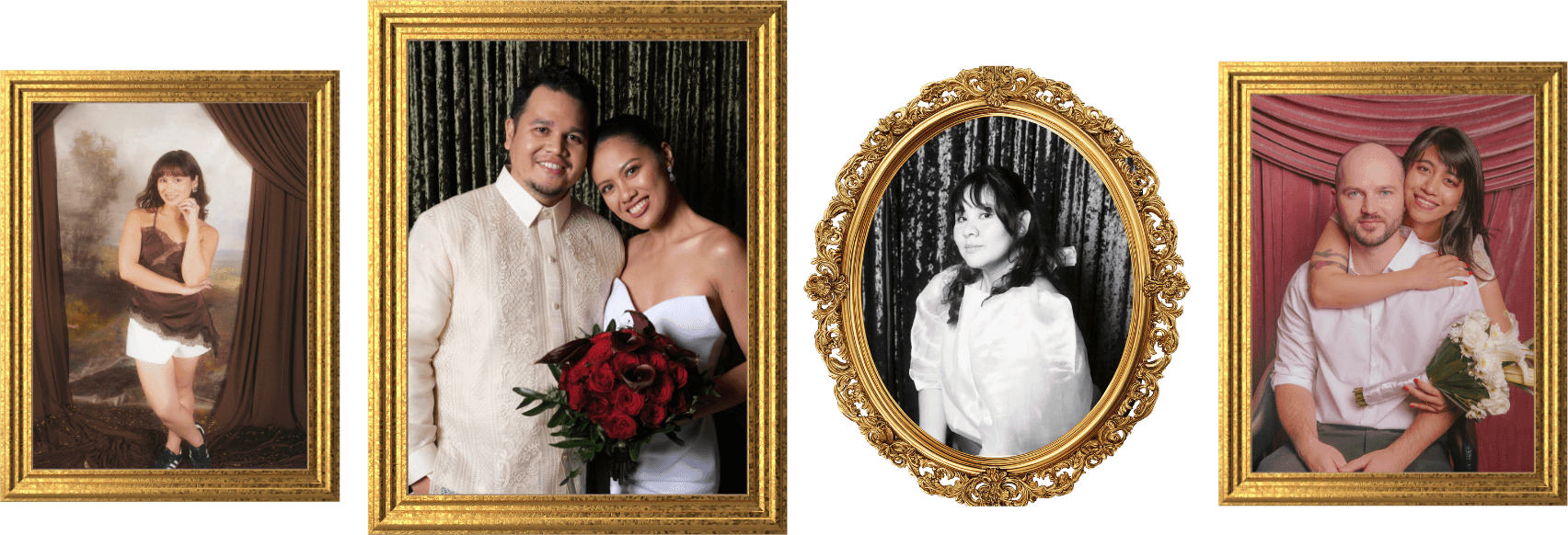 Four gold-framed portraits of guests from past events