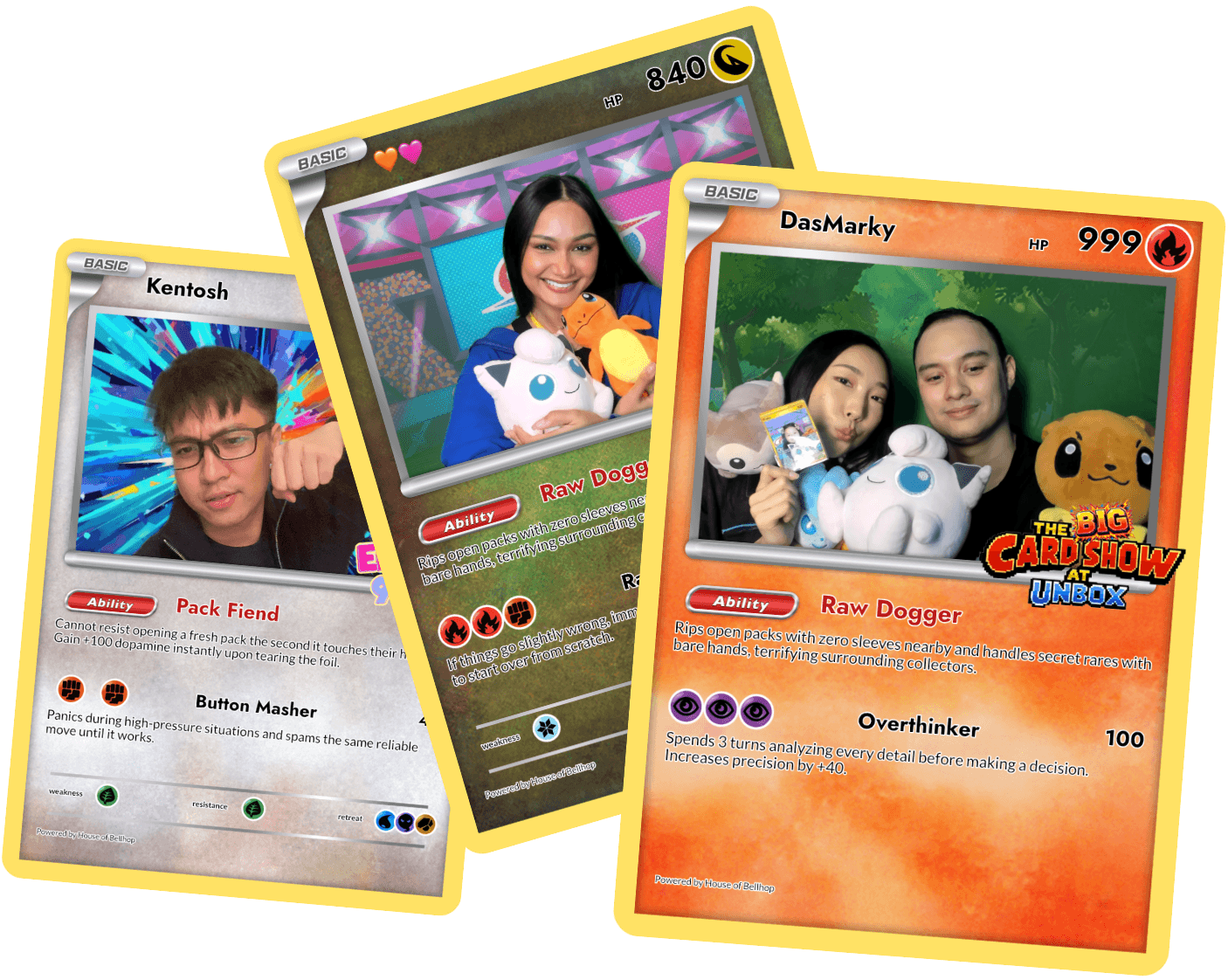 Three custom trading cards made at the First Edition photobooth