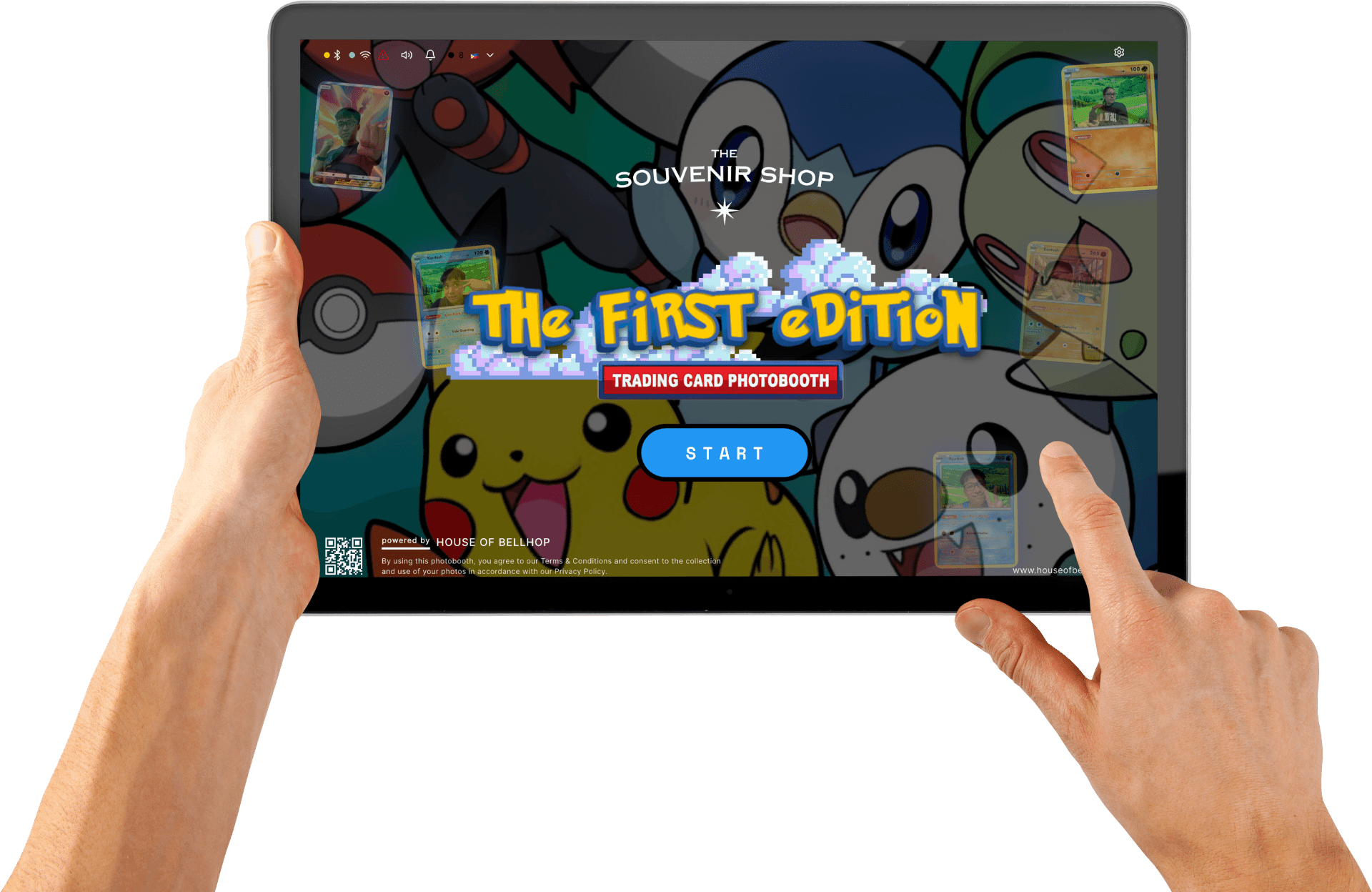 The First Edition app on a tablet, with the start button being pressed